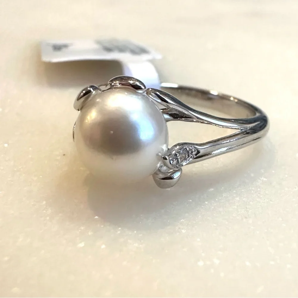 White Cultured Freshwater Pearl & White Zircon Rhodium Over Sterling Silver Ring